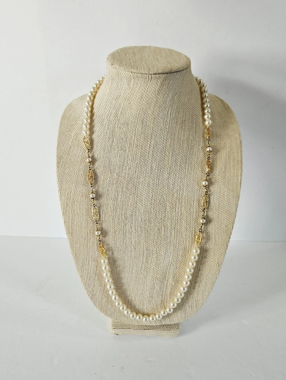 Vintage Faux Pearl Gold Filigree Scrollwork Opera Length Linked Station Necklace